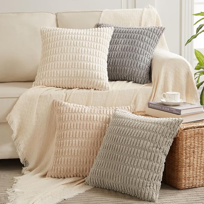 Fancy Homi 4 Packs Boho Cream Decorative Throw Pillow Covers 22x22 Inch for Living Room Couch Bed Sofa, Rustic Modern Farmhouse Home Decor, Soft Plush Corduroy Beige Cute Square Cushion Case 55x55 cm