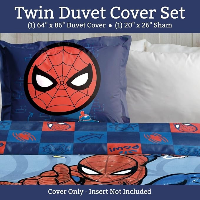 Jay Franco Kids Duvet Cover Set – 2 Piece Super Soft Bedding with Sham Pillowcase, Cover ONLY Comforter Not Included, Blue - Spiderman, Twin