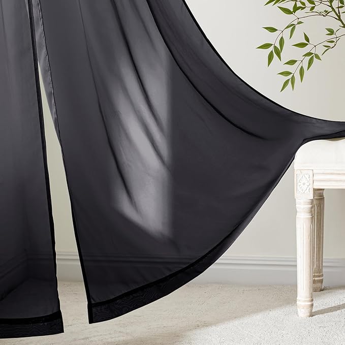 MIULEE Black Sheer Curtains 96 Inches Long, 4 Panels Set, Light Filtering Halloween Rod Pocket Voile Drapes for Living Room and Bedroom, Airy Soft Fabric Window Treatments, 54 x 96 Inches