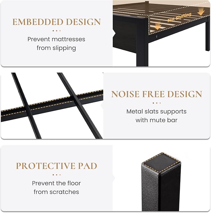 SHA CERLIN Twin Size Bed Frame, Led Light, Charging Station, Storage Shelf | Wooden Headboard, Heavy Duty Slats Support, Metal Platform Bed, Under Bed Storage, No Box Spring Needed, Noise Free, Black