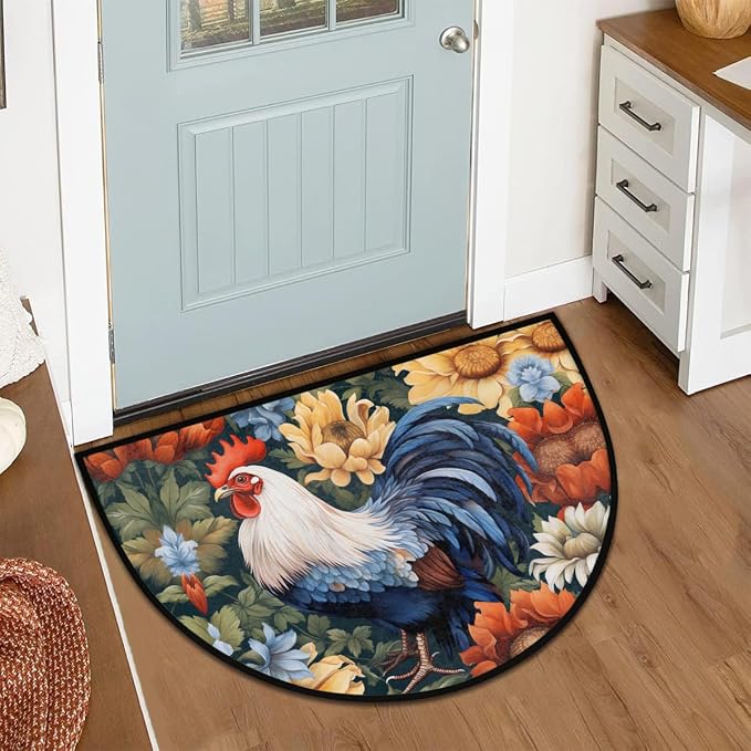 cfpolar Animals Rooster Sunflowers Half Round Door Mat Outdoor Entrance Large 24"x36" Half Circle Welcome Entrance Way Mat Semi Circular Front Door Mat Area Rug for Garage, Patio, High Traffic Areas