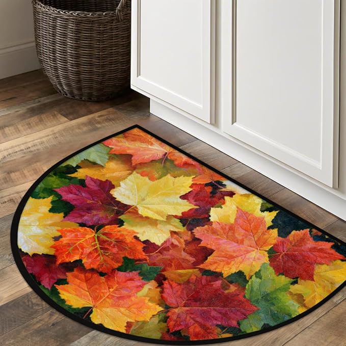 Autumn Half Round Door Mat Welcome Entrance Mat Bath Bathroom Rug C3 | Autumn Fall Maple Leaves Welcome Entrance Mat Anti-Slip Half Moon Bath Mat Semi Circle Rug Indoor Outdoor Kitchen Rug