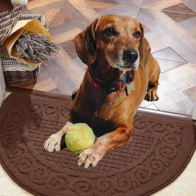 Half Round Indoor Door Mat 18"X30",Non Slip Machine Washable Entryway Rug for Front/Back Door,Half Circle Absorbent Low Profile Entrance Floor Mat Welcome Mat for Muddy Shoes and Paws-Brown