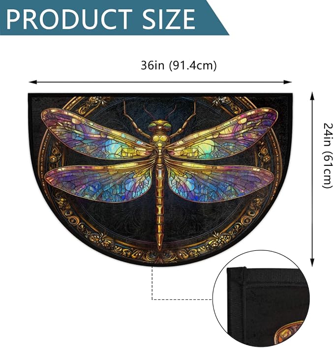 Dragonfly Half Round Door Mat Outdoor Doormat Bedroom Entrance Rug A17 | Bohemian Dragonfly Semi Moon Door Mat Non-Slip Absorbent Kitchen Rug Indoor Welcome Bath Mat 36" X 24"