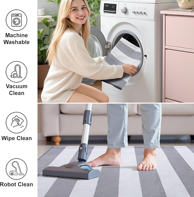 OLANLY Grey and White Striped Rug 2'4" x 3'7" (27.5" x 43") – Washable Cotton Indoor Outdoor Doormat for Front Door, Entryway, Kitchen, Porch, Patio Decor