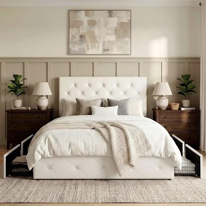 Allewie Upholstered Queen Size Platform Bed Frame with 4 Storage Drawers and Headboard, Diamond Stitched Button Tufted, Mattress Foundation with Wooden Slats Support, No Box Spring Needed, White