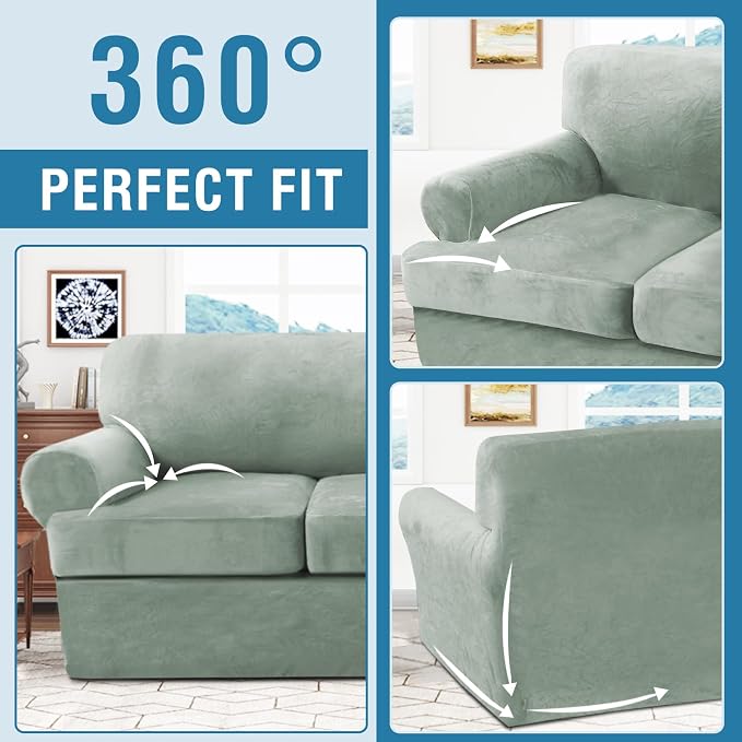 H.VERSAILTEX Sofa Cover 4 Piece T Cushion Sofa Slipcovers Thick Velvet Couch Cover Stretch T Cushion Sofa Covers for 3 Cushion Couch with 3 Individual T Cushion Covers Washable, Sea Grass
