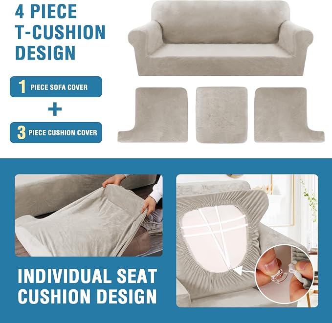 H.VERSAILTEX Sofa Cover 4 Piece T Cushion Sofa Slipcovers Thick Velvet Couch Cover Stretch T Cushion Sofa Covers for 3 Cushion Couch with 3 Individual T Cushion Covers, French Oak