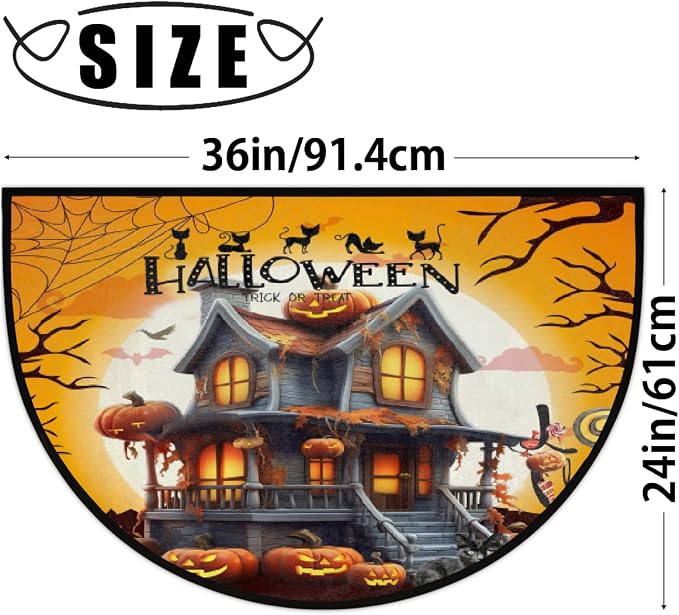 Halloween Half Round Doormat Non-Slip Semi Circle Rug Half Moon Mat | Castle Pumpkin Washable Soft Absorbent Indoor Outdoor Entrance Kitchen Bathroom Sink Patio Welcome Fireplace Floor Rug