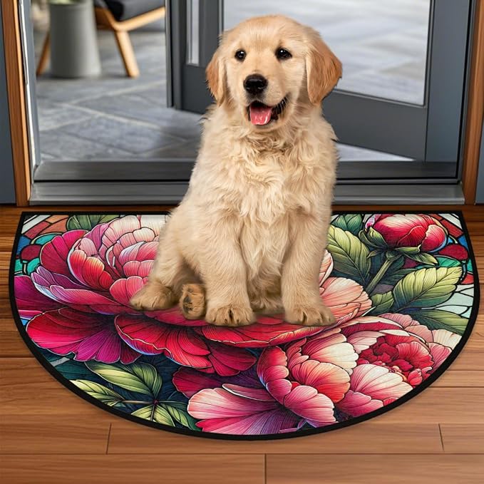 Flower Floral Peony Half Round Door Mat Non-Slip Semi Circle Rug Washable Half Moon Floor Rug Absorbent Bathroom Area Rugs for Outdoor Indoor Fireplace Mat Entryway Kitchen Decor Rugs