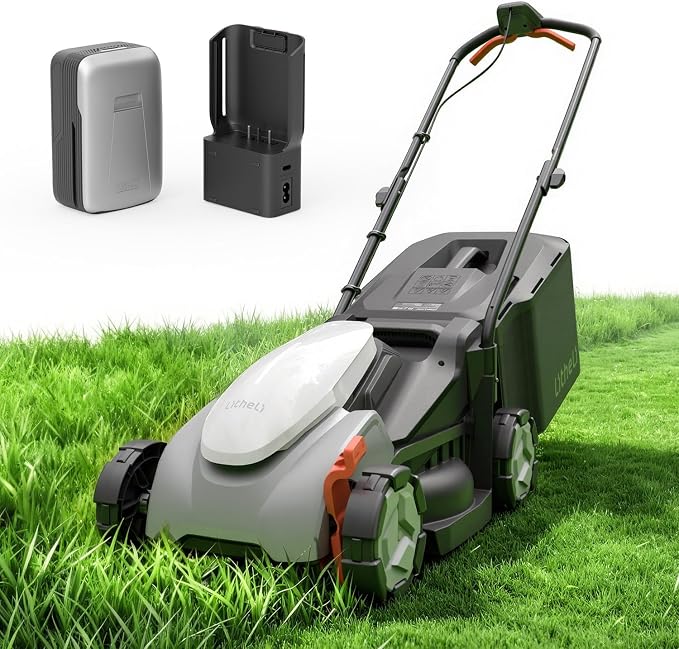 Litheli 14 Inch Cordless Lawn Mower, Ergonomic Lightweight Grass Cutter with Adjustable Handle, 5.0Ah Battery & Charger, Brushless Motor, Cutting Height 1-2.5 in, Easy Push for Older Adults