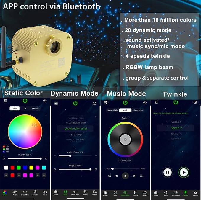 AZIMOM Bluetooth/APP Control 16W Twinkle Fiber Optic Lights Star Ceiling Lighting Kits 550pcs*0.03in13.1ft Fiber Strands RGBW Music Sound Control Light Engine Home Indoor Car Interior Decor