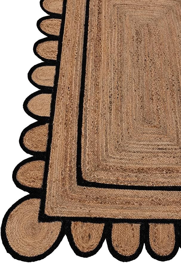 Scalloped Natural Jute Area Rug for Bedroom Living Room, Kitchen, Patio, Hallway, Entryway, Indoor, Outdoor, Farmhouse, Morden Carpet, Door Mat Black, 3x4 ft.