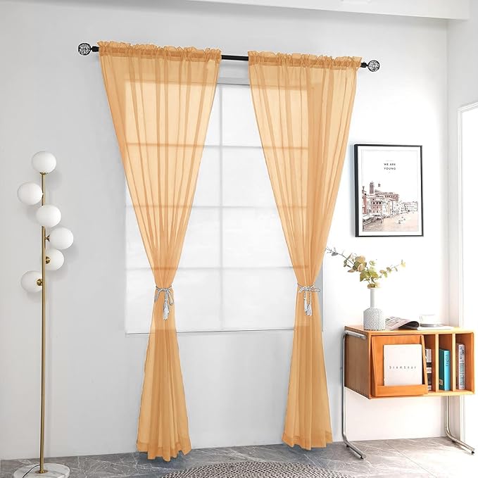 youleyar Solid Sheer Rod Pocket Curtain Voile Draperies 2 Panels White Beige Black Grey Coffee 60 Inch Width 108 Inch Long 1 Pair for Kitchen Bedroom Children Living Room Yard(Beige,60Wｘ108L)