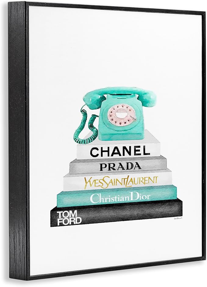 Stupell Industries 'Grey Teal and Black Fashion Bookstack with Teal Phone', Framed Giclee Art, Black, 11 x 14 Inches, Easy to Hang and Sturdy, Made in USA, by Amanda Greenwood