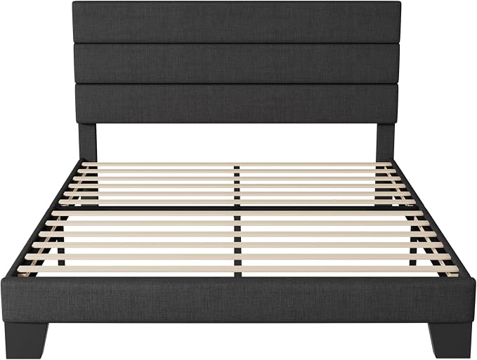 Allewie Full Size Platform Bed Frame with Fabric Upholstered Headboard Gray | Wooden Slats Support, Fully Upholstered Mattress Foundation, No Box Spring Needed, Easy Assembly, Noise-Free, Dark Grey