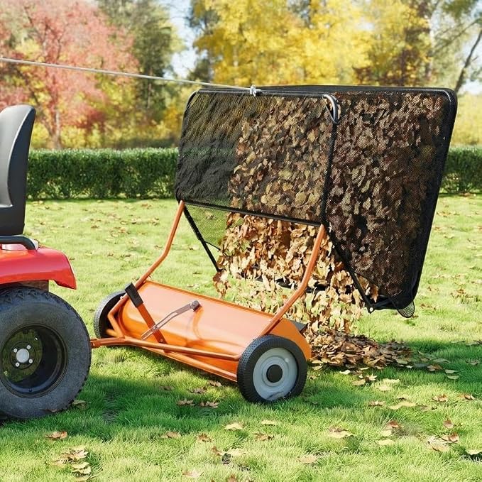 Tow Behind Lawn Sweeper, 44" Pull Behind Collector – Large Capacity Leaf & Grass Collector with Adjustable Height, Dumping Rope Design for Debris and Lawn Clippings