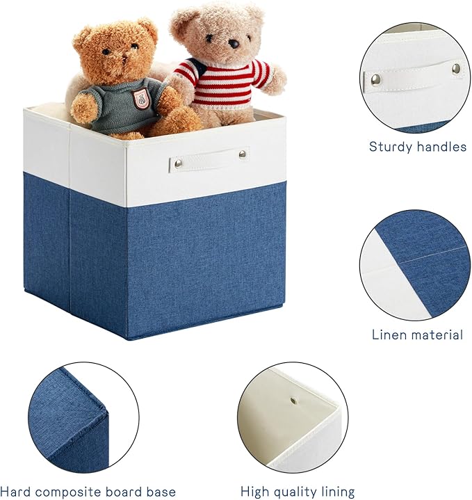 FinishingBo 13x13x13 Storage Cube Bins 6 Pack, Cube Shelf Baskets | Foldable Storage Cubes, Linen Storage Bins with Handles, Closet Organizers, White/Blue