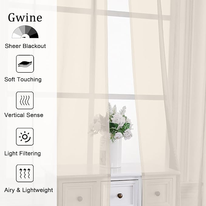 Gwine Cream Sheer Curtains for Living Room 45 inches Long, Short Voile Light - Image 2
