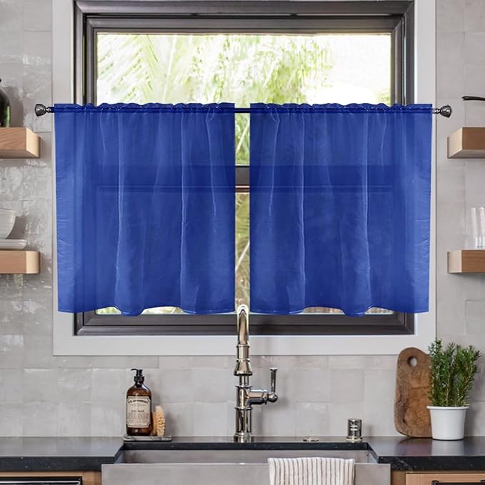 Youleyar Solid Sheer Rod Pocket Curtain Voile Draperies 2 Panels White Beige Black Ivory Coffee 26 Inch Width 40 Inch Long 1 Pair for Kitchen Bedroom Children Living Room Yard(Blue Sapphire,26W x 40L)