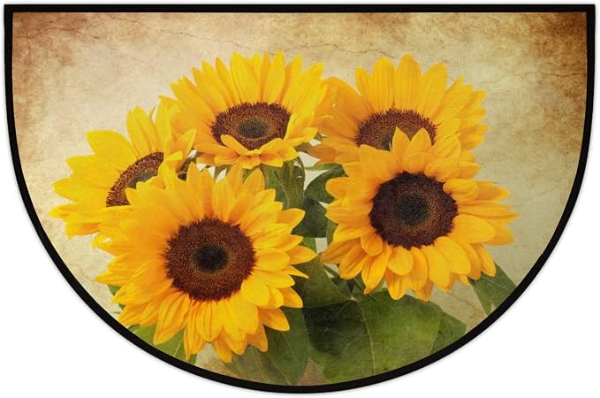 Pardick Half Round Doormat Retro Flower Sunflower Non-Slip Half Circle Area Rug Durable Washable Runner Mat for Living Room Bedroom Indoor Outdoor Kitchen Floor Home Decor Half Moon Rug