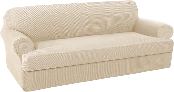 H.VERSAILTEX 2 Piece Sofa Slipcovers Couch Cover High Stretch Cover for Sofa Suit for T Cushion/Box Cushion, Spandex Jacquard Fabric Furniture Protector - Sofa 72"-88" - Natural