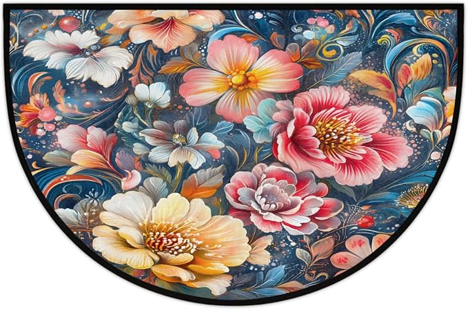 Spring Flowers Half Round Rug Half Moon Door Mat Half Circle Rugs | Rainbow Art Washable Non-Slip Semi Circle Rug Welcome Half Round Door Mat Indoor Entrance Kitchen Bedroom Living Room Decor