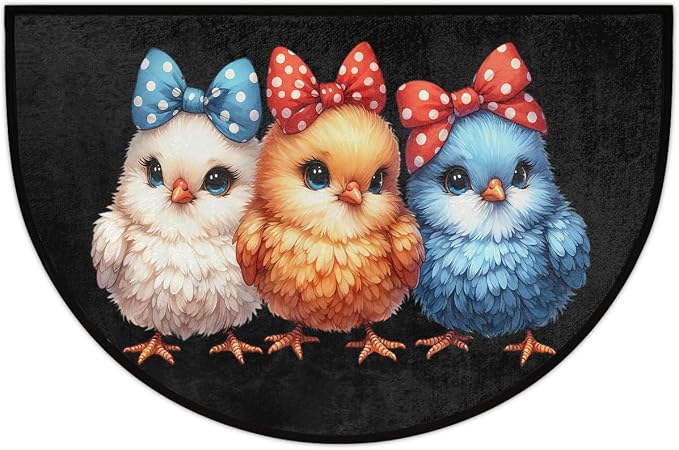 Half Round Doormat Colorful Animal Chick Washable Semi Circle Mat Non Slip Absorbent Half Moon Rugs for Indoor Outdoor Entrance Kitchen Bathroom Bedroom Patio Fireplace Floor Carpet Decor