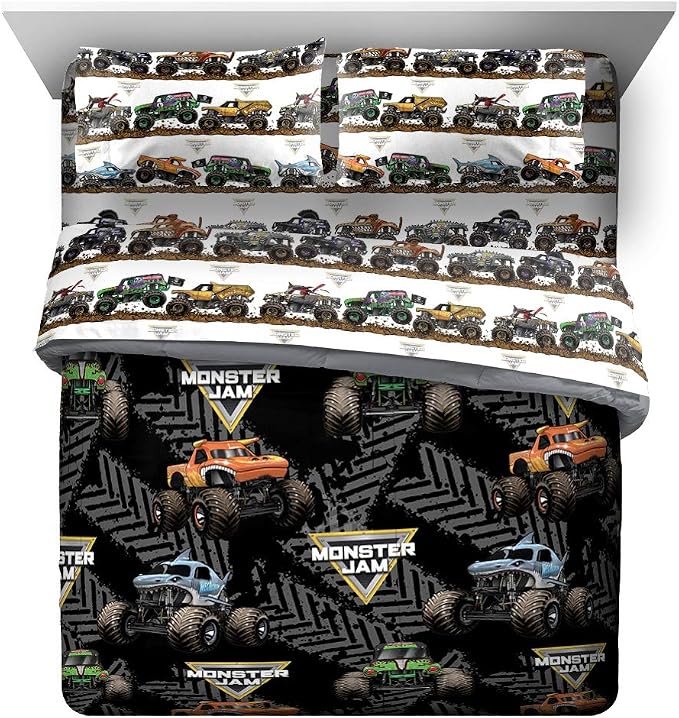 Jay Franco Monster Jam 5 Piece Queen Bed Set - Includes Comforter & Sheet Set - Grave Digger & Megalodon - Super Soft Fade Resistant Microfiber | Grave Digger Megalodon, Comforter Sheets Pillowcases, Official Product, Soft Microfiber, Machine Washable,...