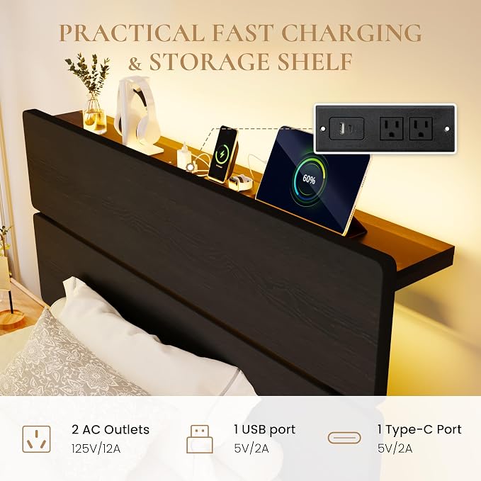 SHA CERLIN Twin Size Bed Frame, Led Light, Charging Station, Storage Shelf | Wooden Headboard, Heavy Duty Slats Support, Metal Platform Bed, Under Bed Storage, No Box Spring Needed, Noise Free, Black