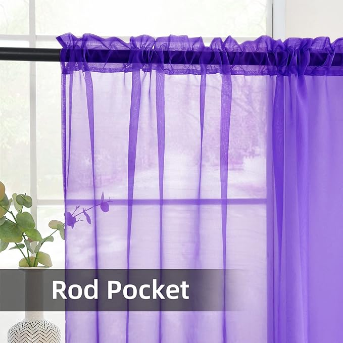 youleyar Solid Sheer Rod Pocket Curtain Voile Draperies 2 Panels White Beige Black Grey Coffee 52 Inch Width 72 Inch Long 1 Pair for Kitchen Bedroom Children Living Room Yard (Purple,52Wｘ72L)