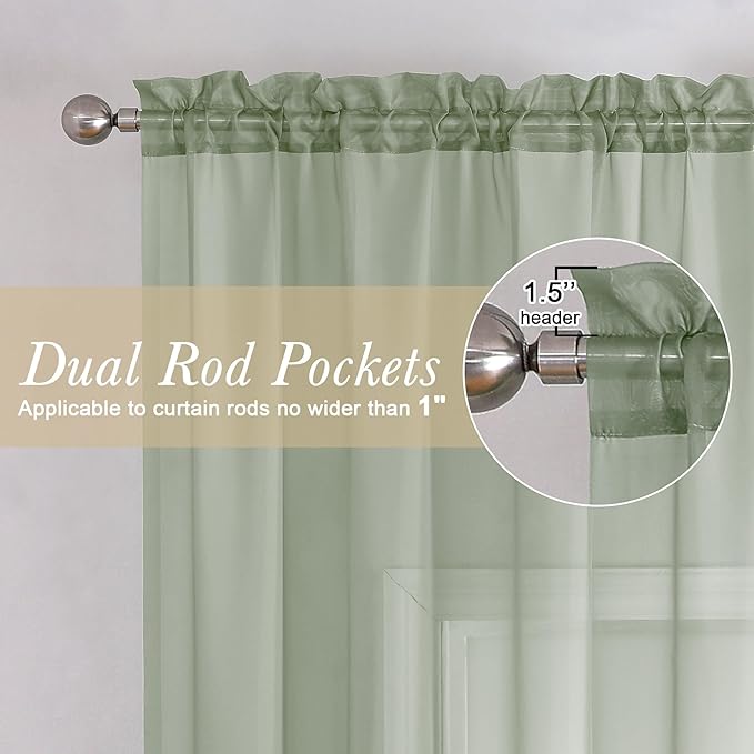 Lecloud Sage Green Sheer Curtains 63 Inch Long 2 Panels, Elegant Voile Drapes - Image 2