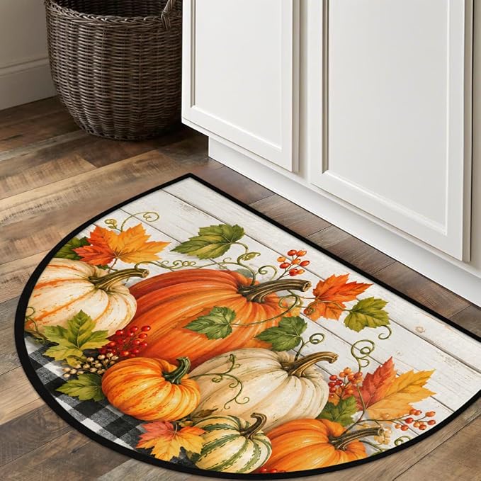 Thanksgiving Half Round Door Mat Outdoor Doormat Bedroom Entrance Rug A4 | Autumn Pumpkin Thanksgiving Semi Moon Door Mat Non-Slip Absorbent Kitchen Rug Indoor Welcome Bath Mat 36" X 24"