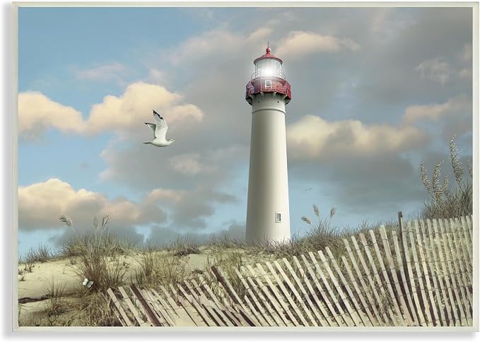 Stupell Industries 'Cape May Sand Dune Fence Lighthouse Beach Scene with Seagull', Wall Plaque Art, 15 x 10 Inches, Easy to Hang and Sturdy, Made in USA, by Alan Giana & Company