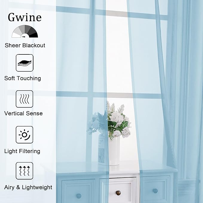 Gwine Sky Blue Sheer Curtains 84 Inches Long 2 Panels Set - Image 2