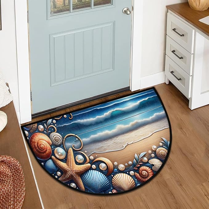 Beach Sea Shell Half Round Door Mat Non-Slip Semi Circle Rug Washable Half Moon Floor Rug Absorbent Bathroom Area Rugs for Outdoor Indoor Fireplace Mat Entryway Kitchen Decor Rugs