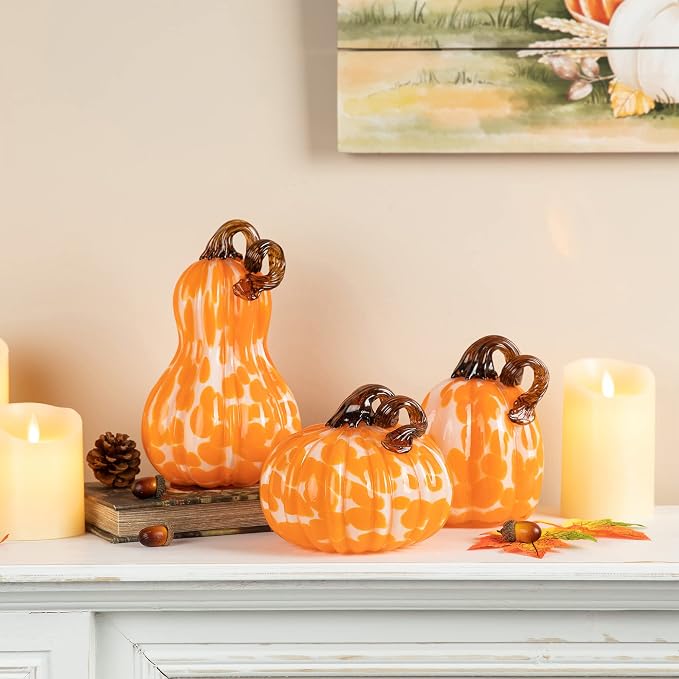 Glitzhome Set of 3 Hand Blown Glitter Glass Pumpkins - Fall Decor for Halloween & Thanksgiving Handmade Table Accent Harvest Home Decor, Orange Dots