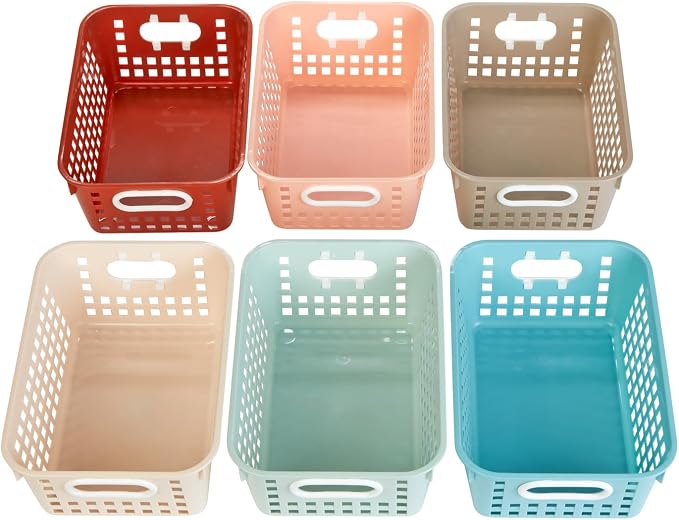 Really Good Stuff Medium Plastic Book Baskets, 11" by 7.5" by 4.5", 6-Pack | Boho Group Colors, Versatile Storage Solution for Classroom, Home, and Office