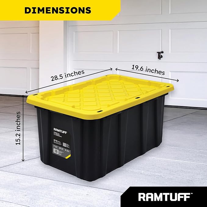 Ramtuff STRONG BOX Black & Yellow, 27-Gallon Heavy Duty Tough Storage Container & Snap-Tight Lid, (15.2" x 19.6" x 28.5" Weather-Resistant Design Stackable Organization Tote (2 Pack)