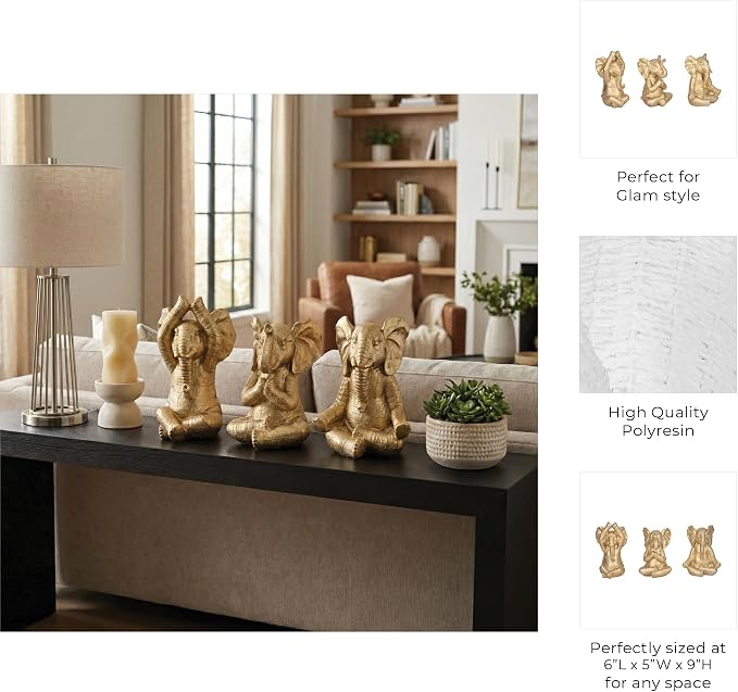 Resin Elephant Figurines Statue Set – Room Decor Accent Trio, Shelf, Desk, or Nightstand Placement – Meditation Pose Symbol of Wisdom and Calm, Home Decor – 8", Gold Finish