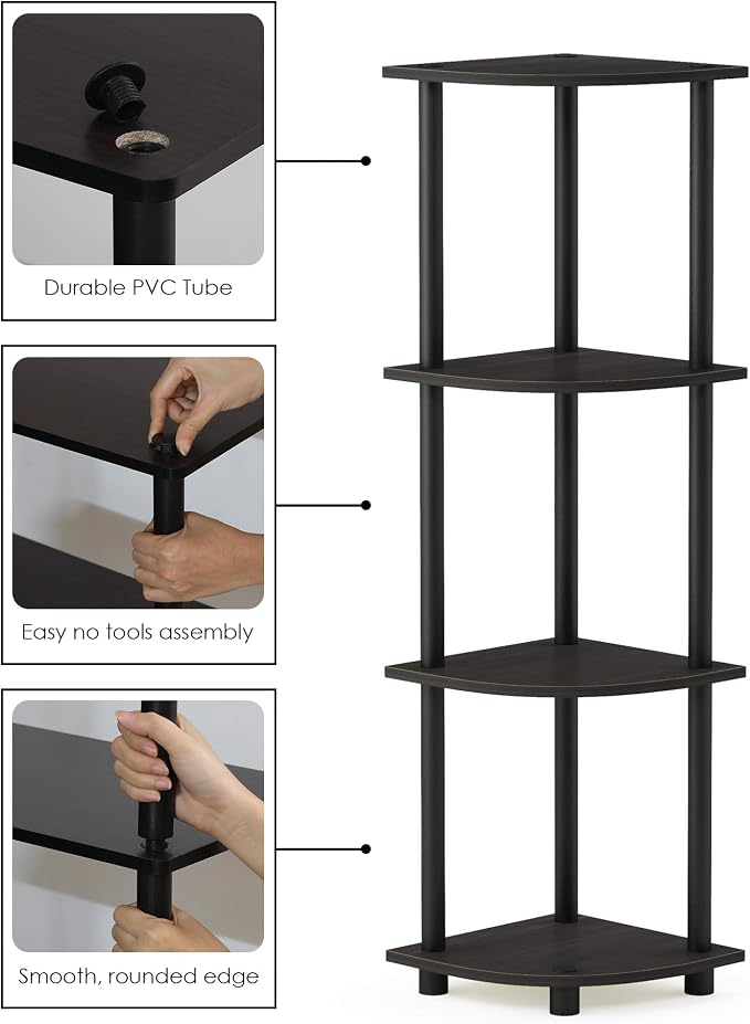 Furinno TURN-N-TUBE Corner Shelf, 4-Tier Corner Bookshelf, Display Storage Shelves with Open Shelves, for Organization and Storage, Living Room, Home Office, Garage, Espresso