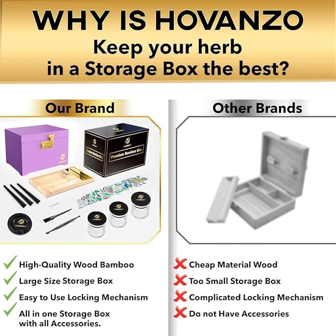 HOVANZO Premium Large Bamboo Storage Box with Organizer Tray - Storage Wood Box and Accessories - Decorative Box with Combination Lock - Large Wooden Container - Box Kit with Glass Jars