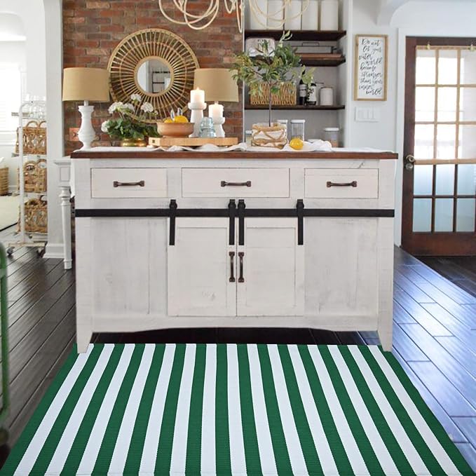 St. Patrick's Day Striped Outdoor Rug Green and White Spring Door Mat 3' x 5' Layered Welcome Mat for Farmhouse Spring Easter Front Porch Entryway Decor