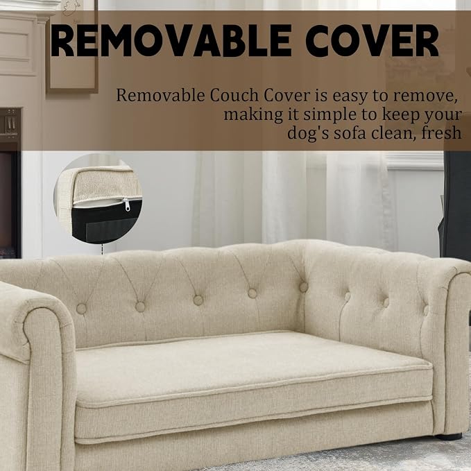 39" Dog Sofa Couch Bed for Small, Medium, Large Dogs,Memory Foam Pet Sofa with Removable Cover, Comfortable Pet Couch with Backrest and Armrests, Easy to Clean and Maintain（Beige）