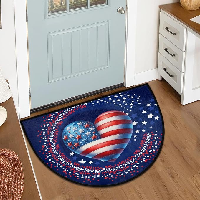 USA Flag Half Round Doormat Semi Circle Rug Half Moon Rug Entryway Mat | Heart Washable Non Slip Outdoor Floor Rug Kitchen Mat for Indoor Outdoor Bathroom Fireplace Bath Decor