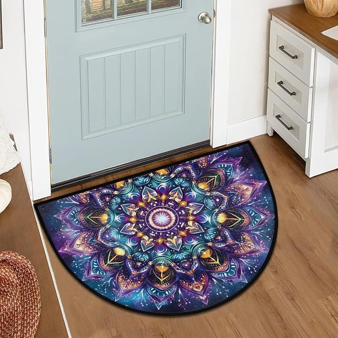 Floral Half Round Doormat Semi Circle Rug Half Moon Rug Entryway Mat | Mandala Galaxy Washable Non Slip Outdoor Floor Rug Kitchen Mat for Indoor Outdoor Bathroom Fireplace Bath Decor