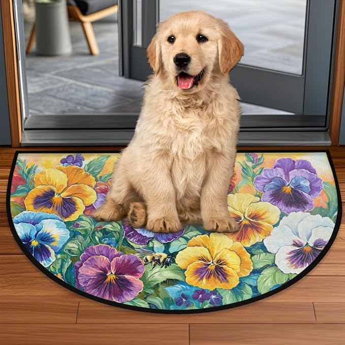 cfpolar Spring Retro Bee Flower Half Round Door Mat Indoor Entrance Half Circle Area Rug Semi Circular Door Mat Half Moon Rug for Floor Bathroom Living Room Bedroom Kitchen Fireplace 24"x36",A-07