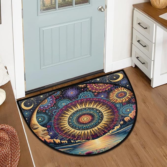 Moon Half Round Door Mat Semi Circle Rug Half Moon Doormat | Soft Washable Mandala Lake Welcome Entrance Mat for Outdoor Indoor Floor Bedroom Bathroom Home Kitchen Festival Decor