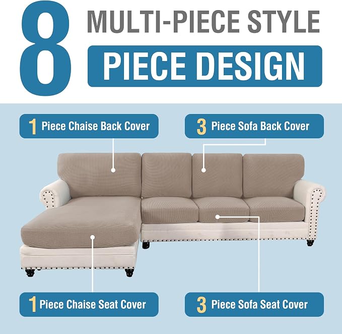 H.VERSAILTEX Sectional Couch Covers 8 Pieces Stretch Sofa Covers for Sectional Sofa Set Separate L Shaped Couch Cover for Both Left/Right Couch (Seat and Back: 1 Chaise + 3 Sofa, Sand)