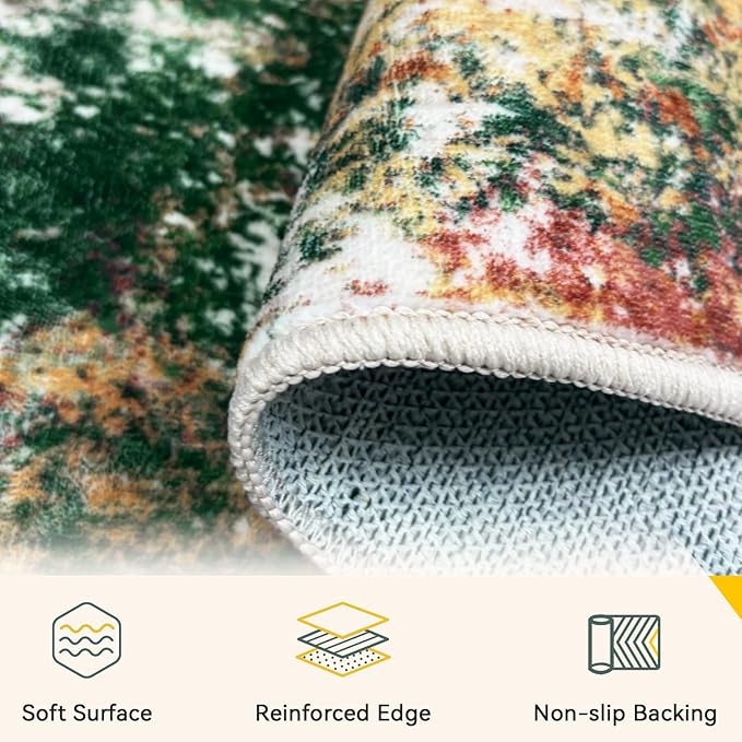 Washable Area Rugs 5'x7' Non-Slip Modern Abstract Soft for Living Room Entryway Bedroom Nursery, Print Pattern, Green Orange Rust Red Cream Colorful